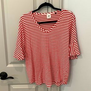 CAbi Red and white striped cotton v neck,  size L